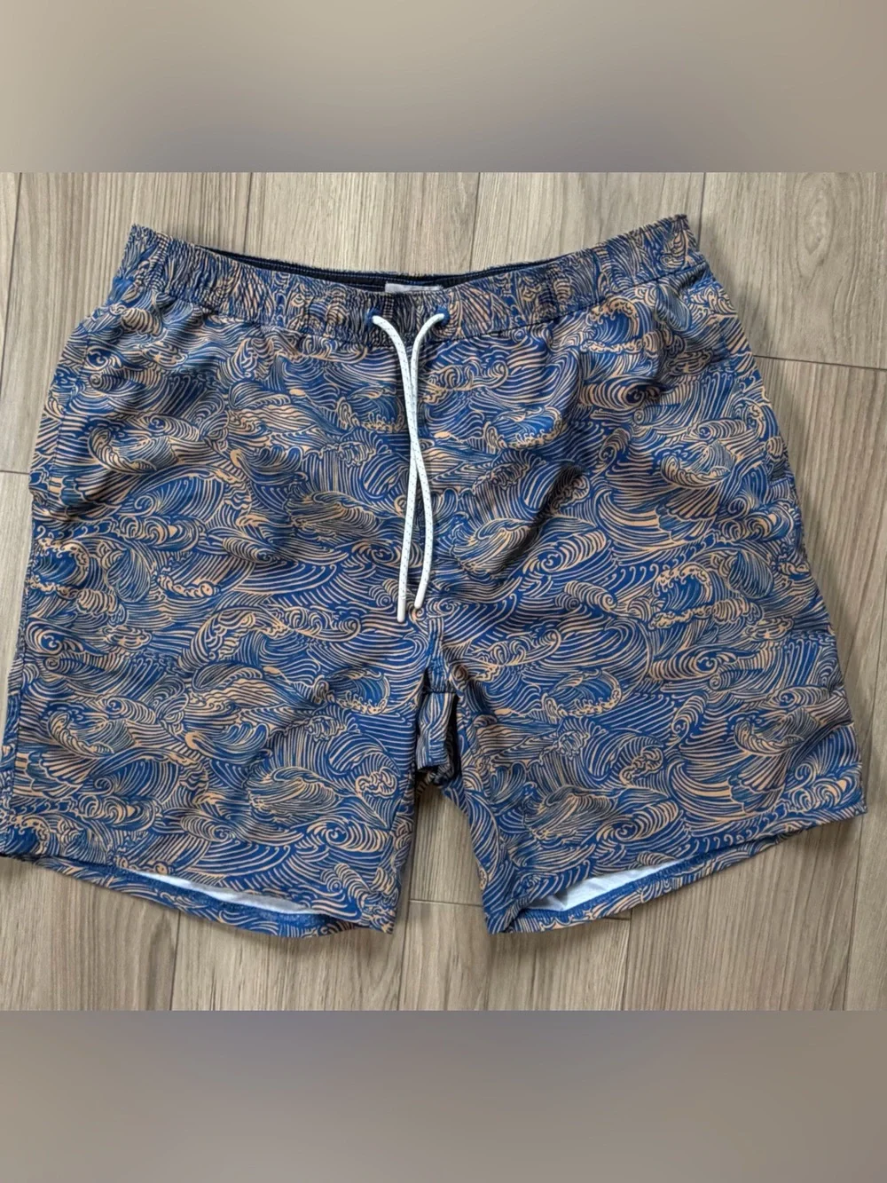 Wellen Men's Blue Wave-Print Lined Swim Trunks Sz L